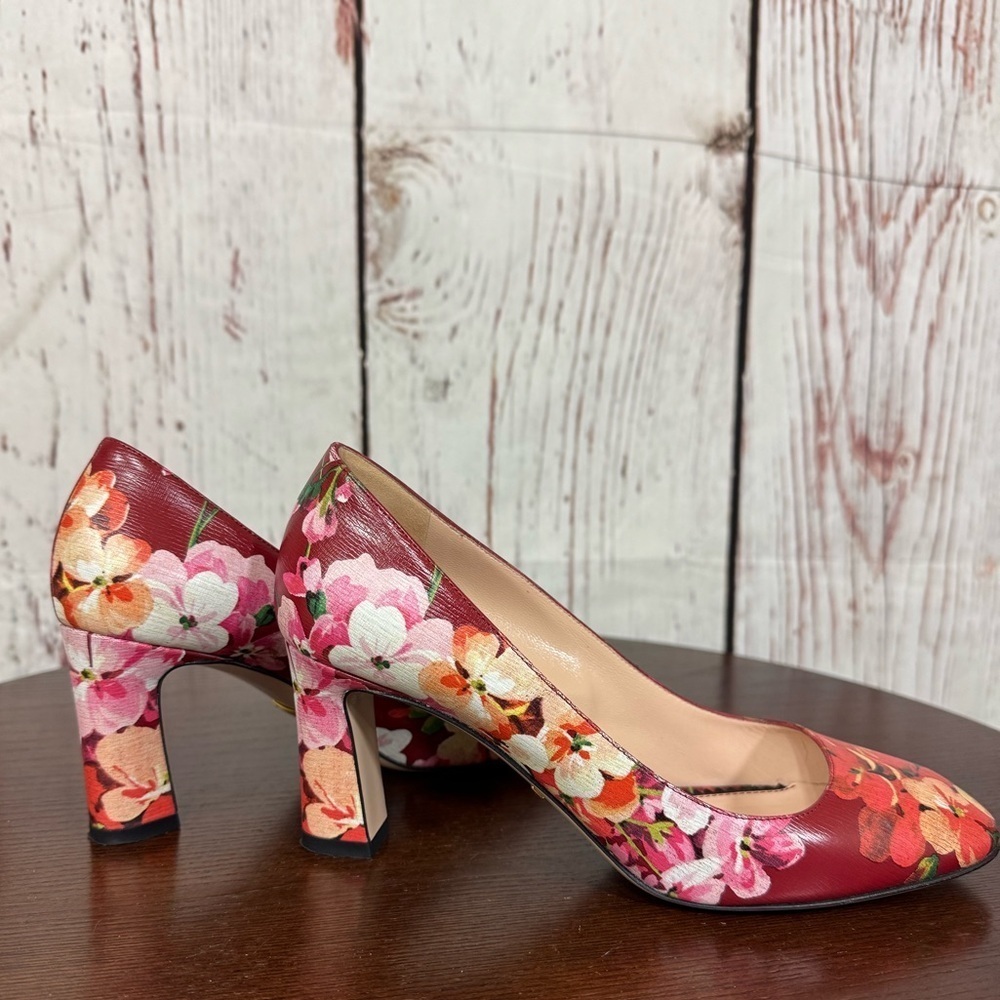 GUCCI BLOOM women’s Napa leather Red Floral 3” Heels Round Toe in size 37.5 - Picture 16 of 17